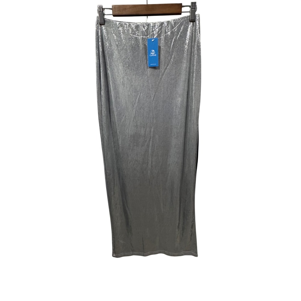 Cupshe Maxi Skirt Womens Medium Silver New Metallic High Slit Shimmer New Years
